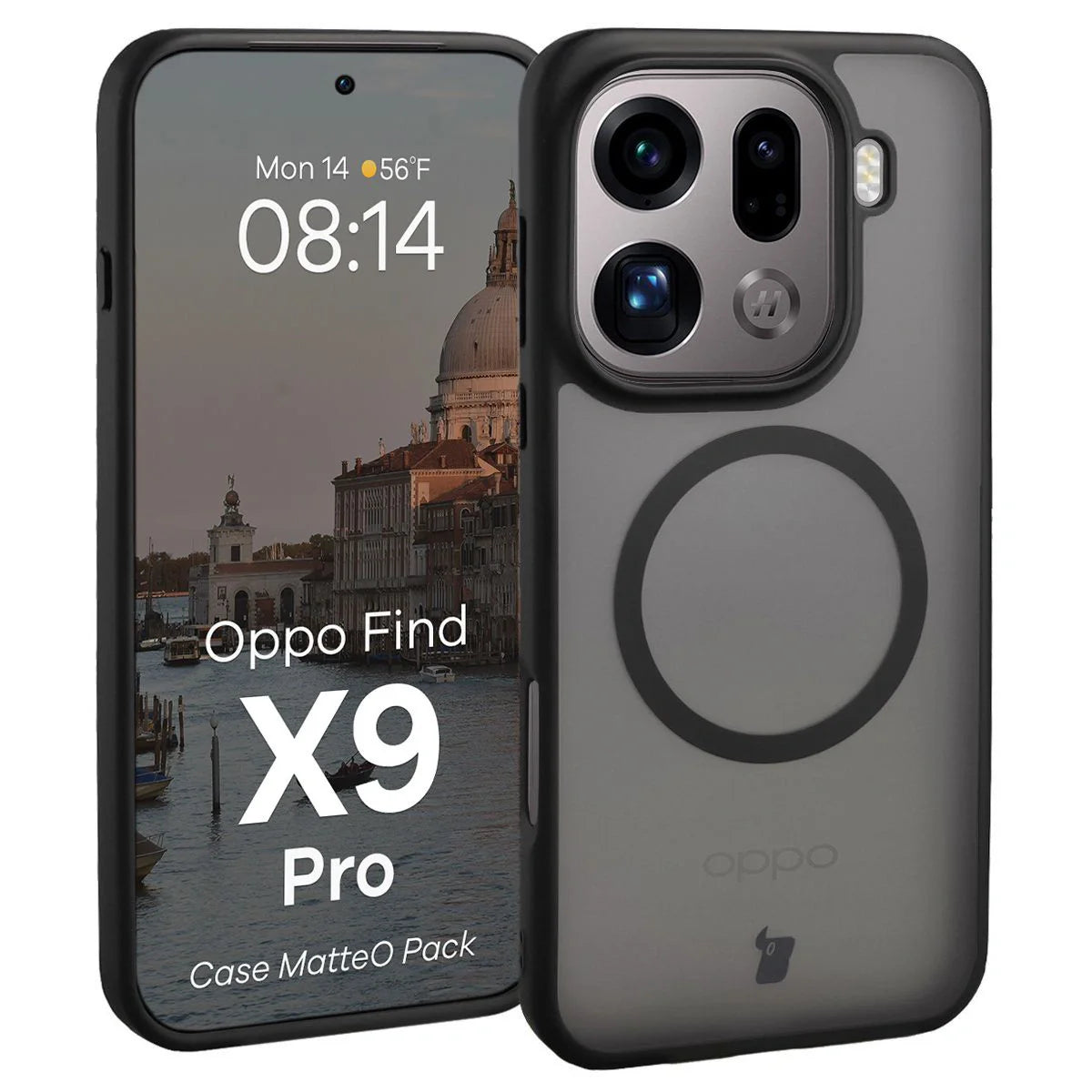 Schutzhülle mit Magnetring + gehärtetem Glas für Oppo Find X9 Pro, Bizon MatteO Pack, Getönt-Schwarz