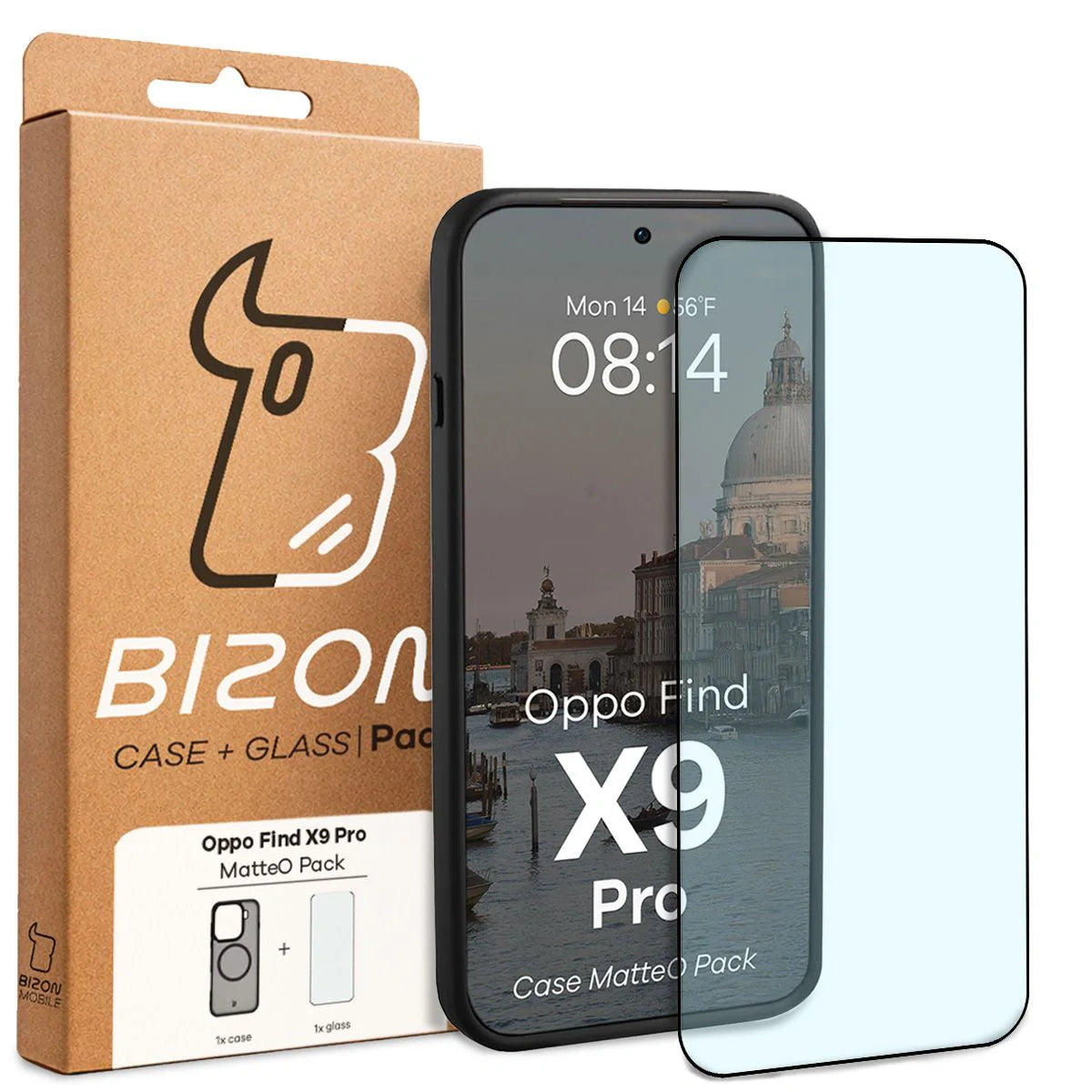 Schutzhülle mit Magnetring + gehärtetem Glas für Oppo Find X9 Pro, Bizon MatteO Pack, Getönt-Schwarz