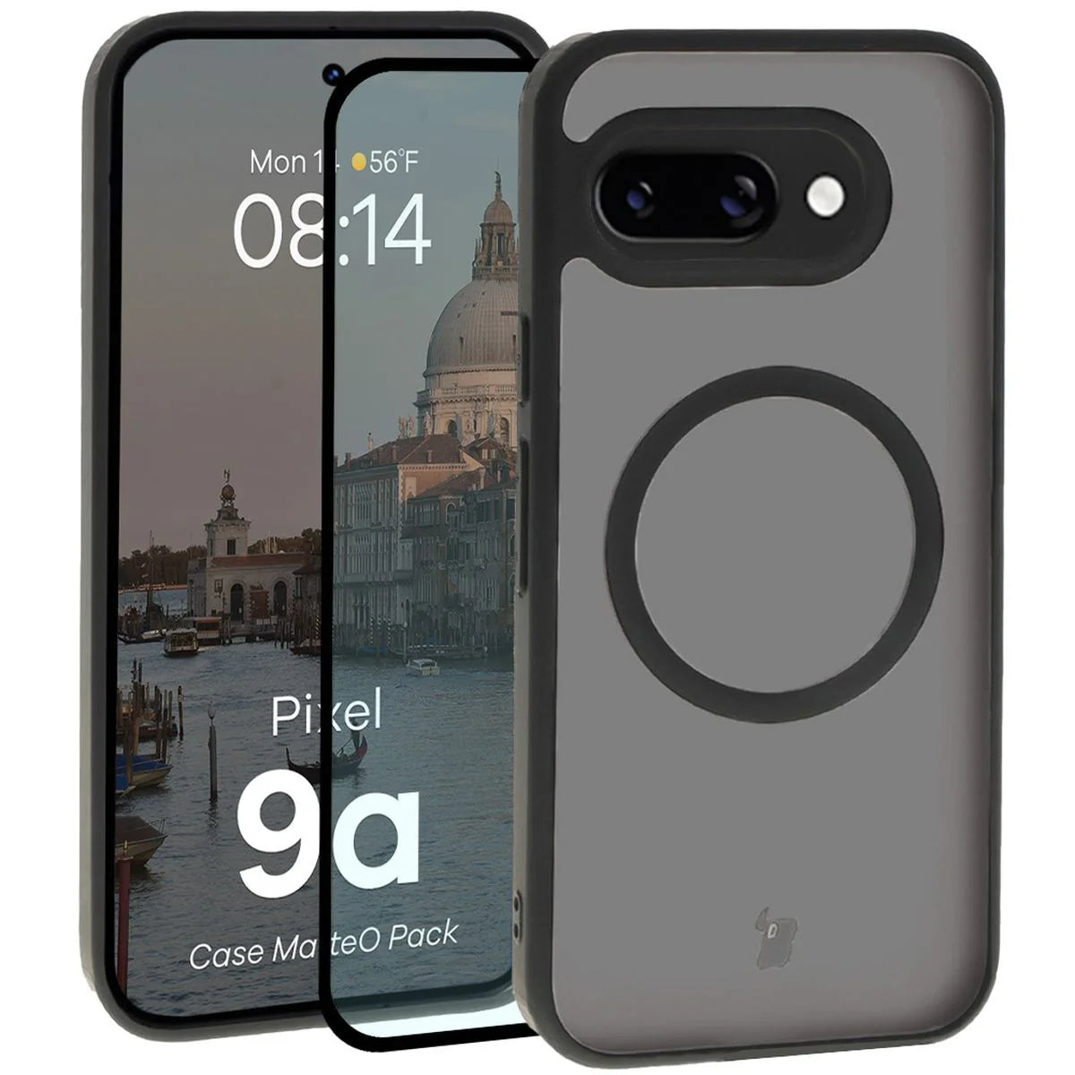 Schutzhülle mit Magnetring + gehärtetem Glas Bizon MatteO Pack für Google Pixel 9a, Getönt-Schwarz
