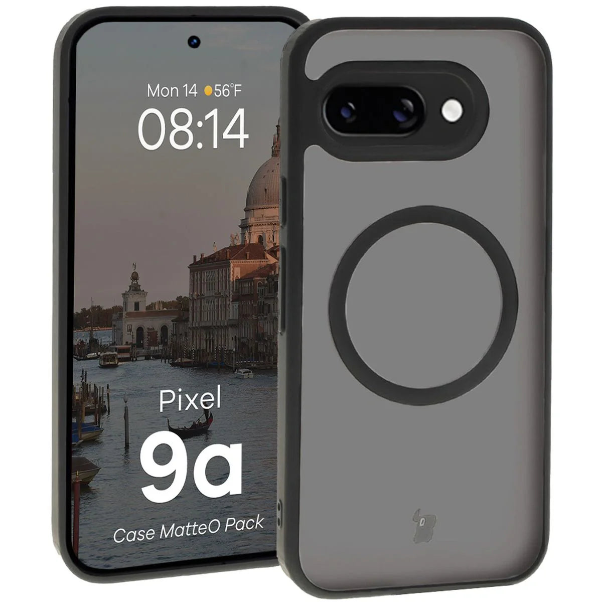 Schutzhülle mit Magnetring + gehärtetem Glas Bizon MatteO Pack für Google Pixel 9a, Getönt-Schwarz