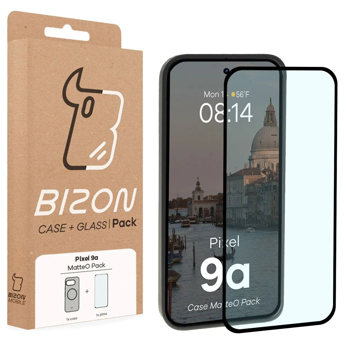 Schutzhülle mit Magnetring + gehärtetem Glas Bizon MatteO Pack für Google Pixel 9a, Getönt-Schwarz