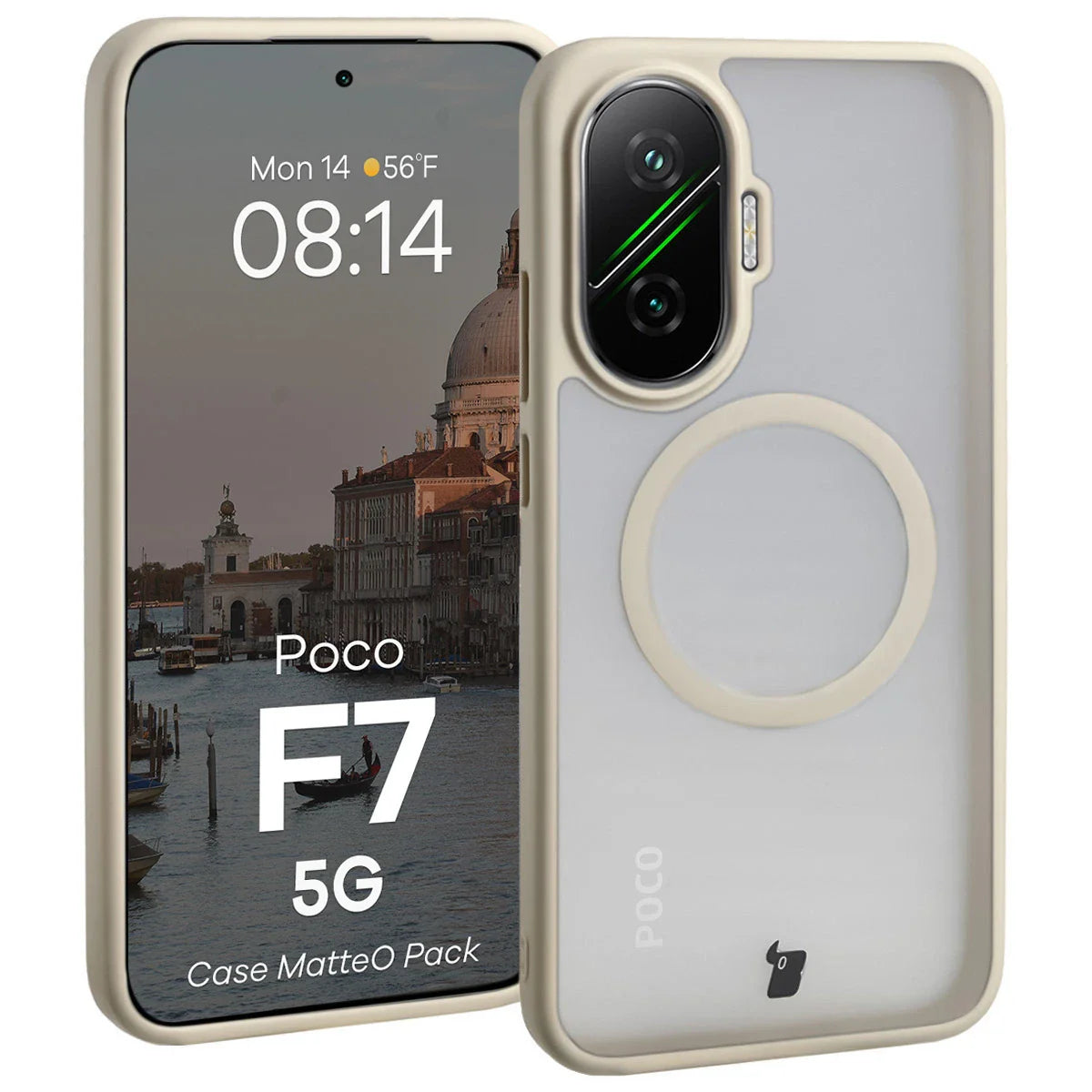 Schutzhülle mit Magnetring + gehärtetem Glas für Xiaomi POCO F7, Bizon MatteO Pack, Getönt-Beige