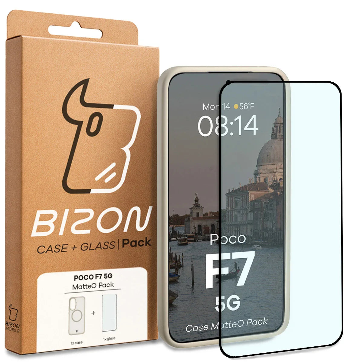 Schutzhülle mit Magnetring + gehärtetem Glas für Xiaomi POCO F7, Bizon MatteO Pack, Getönt-Beige