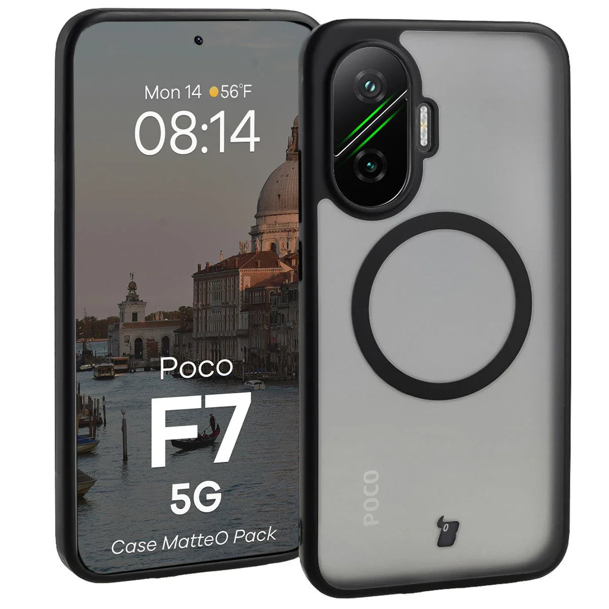 Schutzhülle mit Magnetring + gehärtetem Glas Bizon MatteO Pack für Xiaomi POCO F7, Getönt-Schwarz