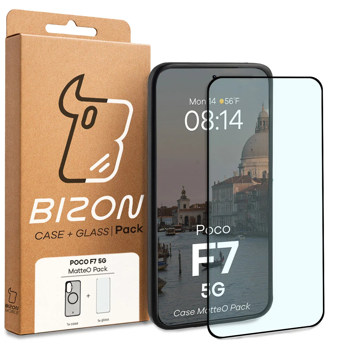 Schutzhülle mit Magnetring + gehärtetem Glas Bizon MatteO Pack für Xiaomi POCO F7, Getönt-Schwarz