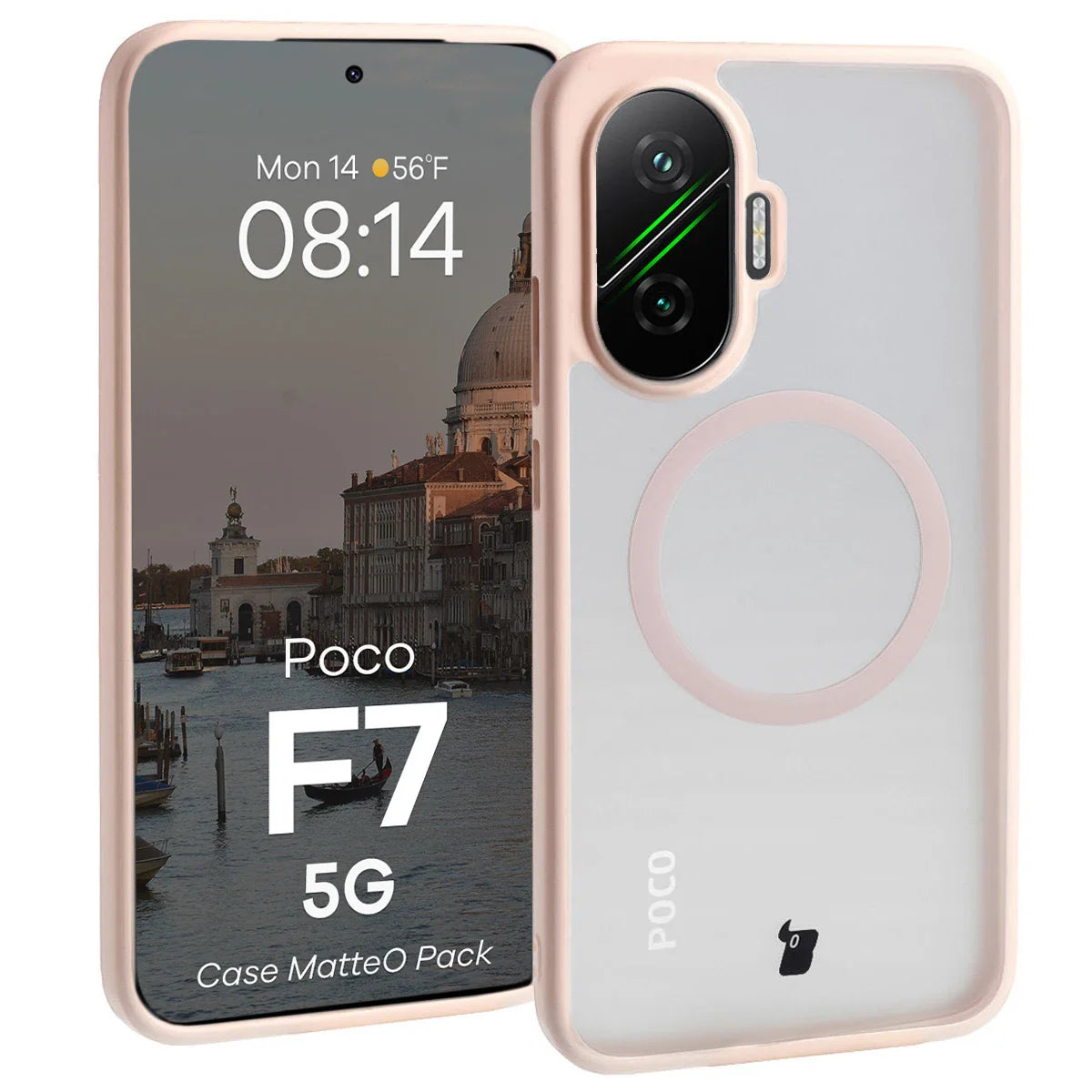 Schutzhülle mit Magnetring + gehärtetem Glas für Xiaomi POCO F7, Bizon MatteO Pack, Getönt-Rosa
