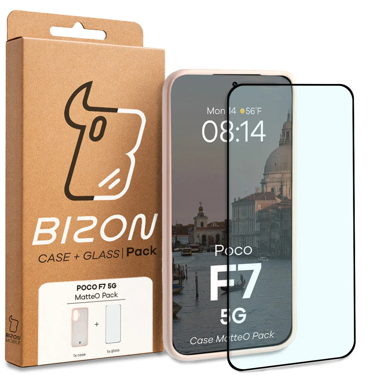 Schutzhülle mit Magnetring + gehärtetem Glas für Xiaomi POCO F7, Bizon MatteO Pack, Getönt-Rosa