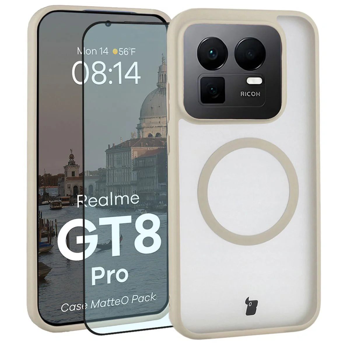Schutzhülle mit Magnetring + gehärtetem Glas Bizon MatteO Pack für Realme GT 8 Pro, Getönt-Beige