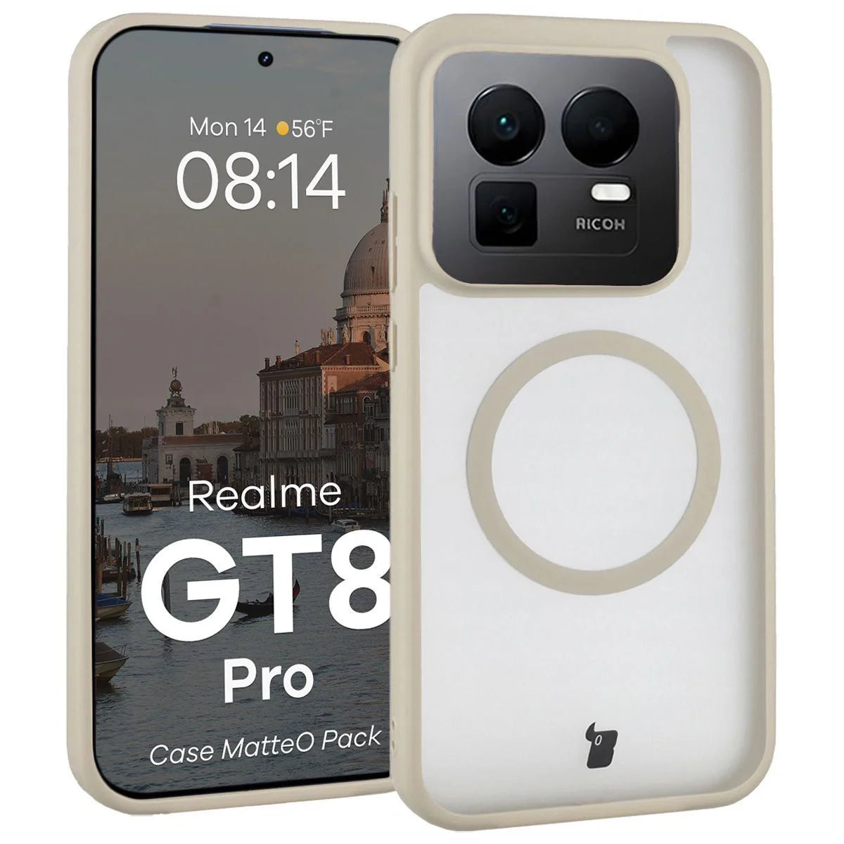 Schutzhülle mit Magnetring + gehärtetem Glas Bizon MatteO Pack für Realme GT 8 Pro, Getönt-Beige