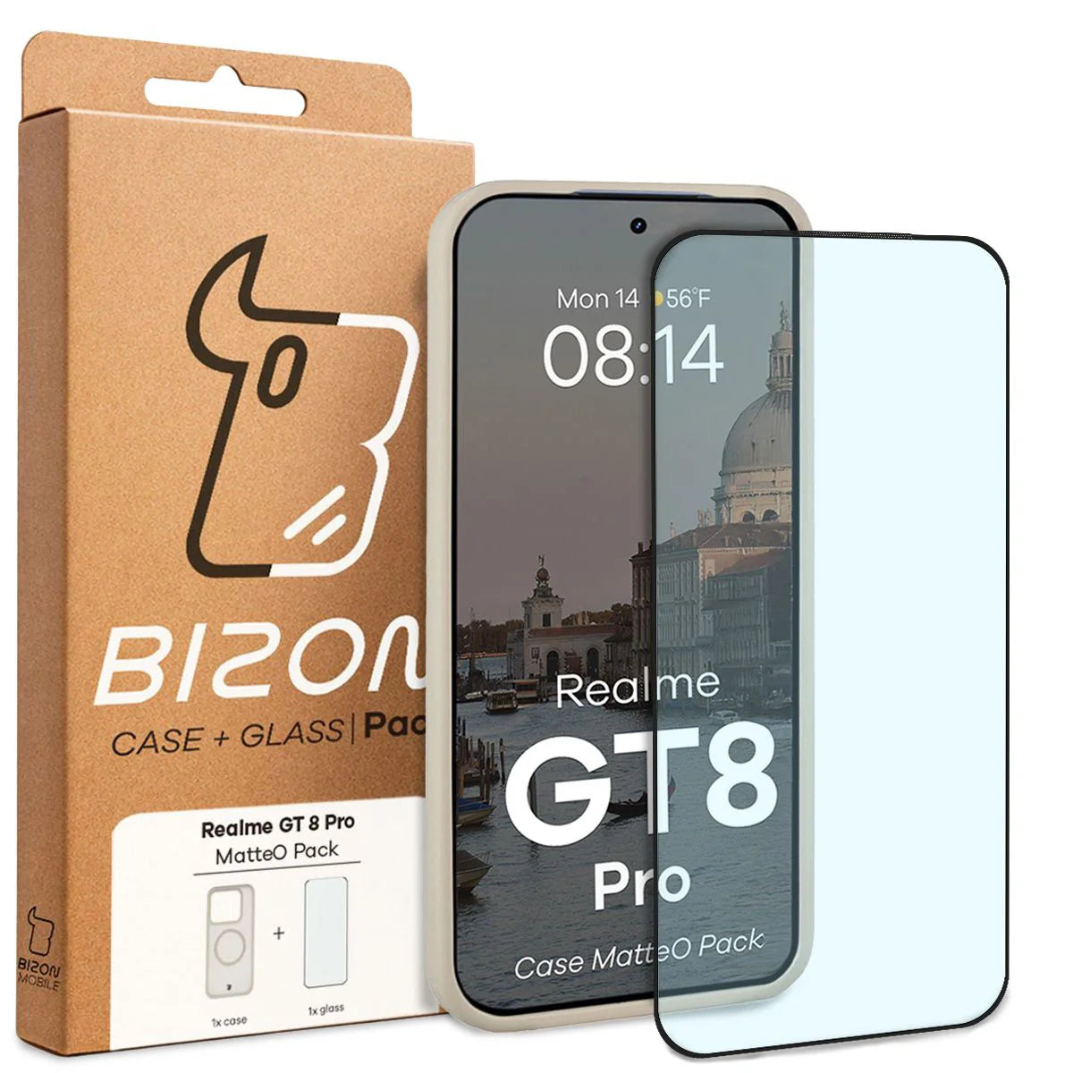 Schutzhülle mit Magnetring + gehärtetem Glas Bizon MatteO Pack für Realme GT 8 Pro, Getönt-Beige