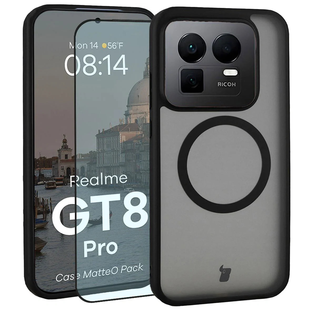 Schutzhülle mit Magnetring + gehärtetem Glas für Realme GT 8 Pro, Bizon MatteO Pack, Getönt-Schwarz