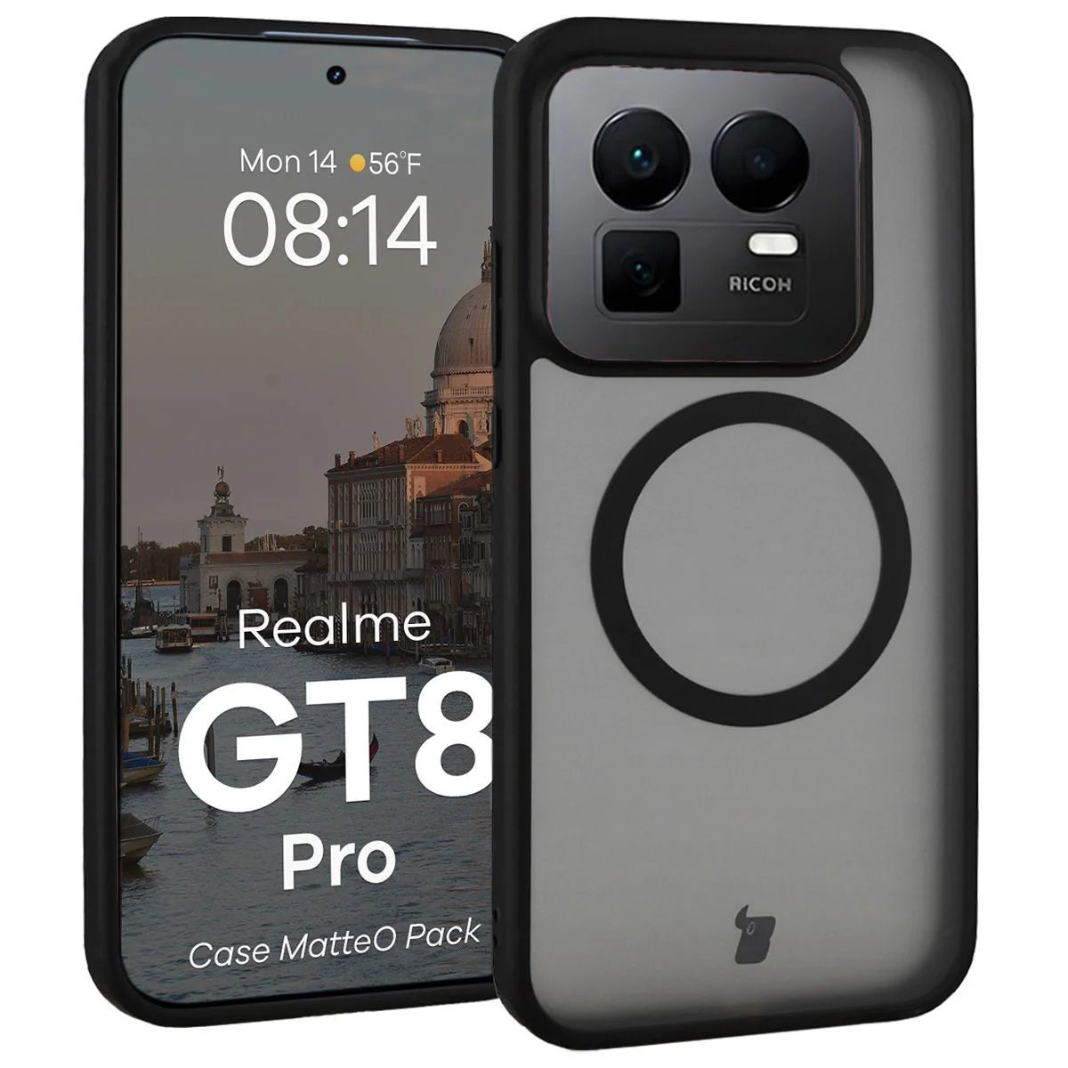 Schutzhülle mit Magnetring + gehärtetem Glas für Realme GT 8 Pro, Bizon MatteO Pack, Getönt-Schwarz
