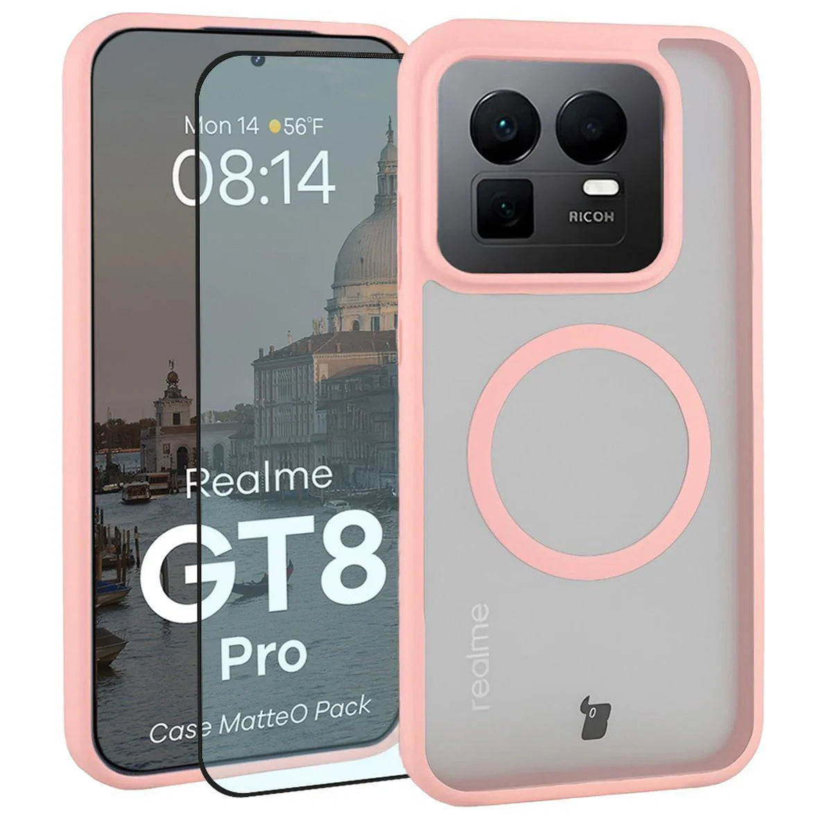 Schutzhülle mit Magnetring + gehärtetem Glas Bizon MatteO Pack für Realme GT 8 Pro, Getönt-Hellrosa