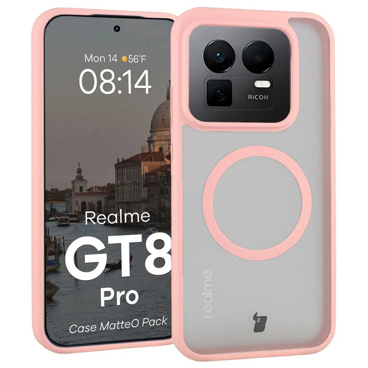 Schutzhülle mit Magnetring + gehärtetem Glas Bizon MatteO Pack für Realme GT 8 Pro, Getönt-Hellrosa