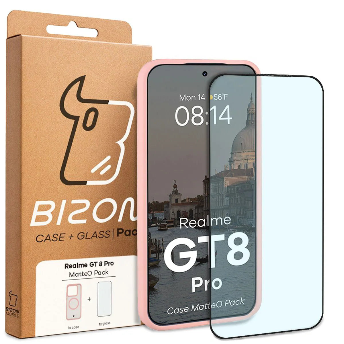 Schutzhülle mit Magnetring + gehärtetem Glas Bizon MatteO Pack für Realme GT 8 Pro, Getönt-Hellrosa
