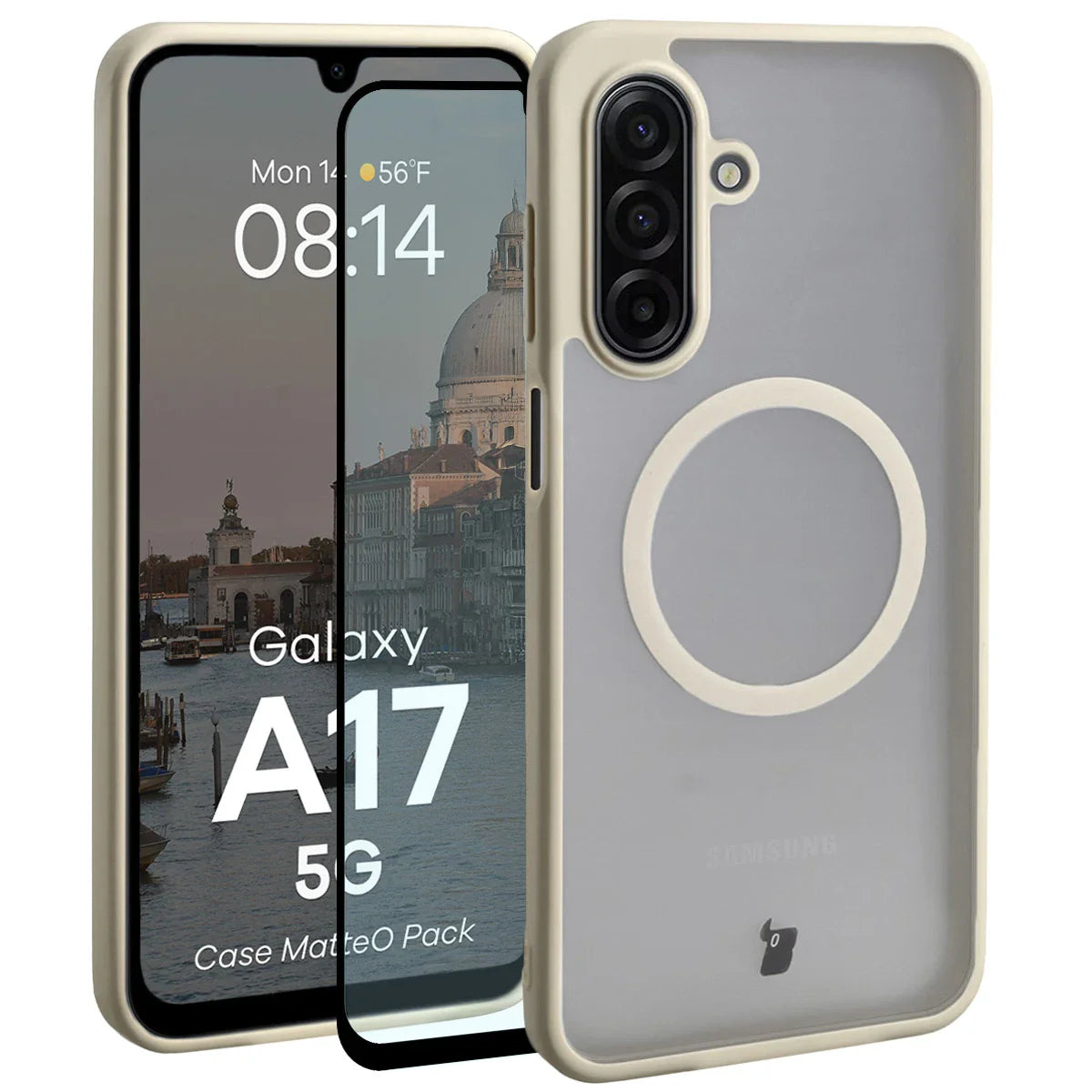 Schutzhülle mit Magnetring + gehärtetem Glas für Galaxy A17 5G, Bizon MatteO Pack, Getönt-Beige