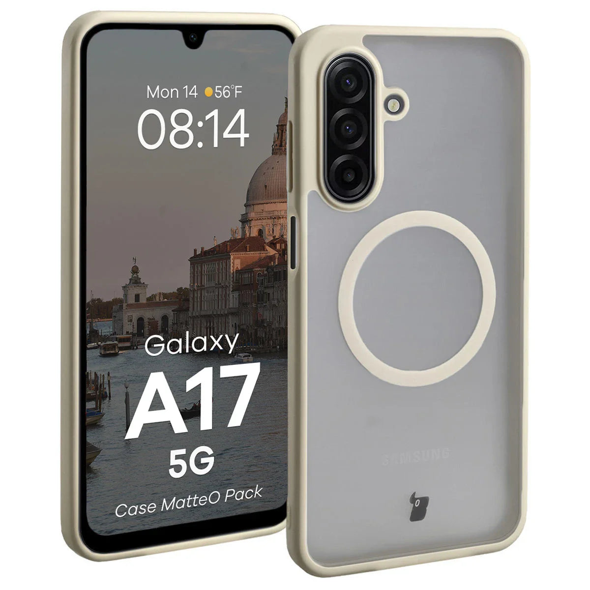 Schutzhülle mit Magnetring + gehärtetem Glas für Galaxy A17 5G, Bizon MatteO Pack, Getönt-Beige