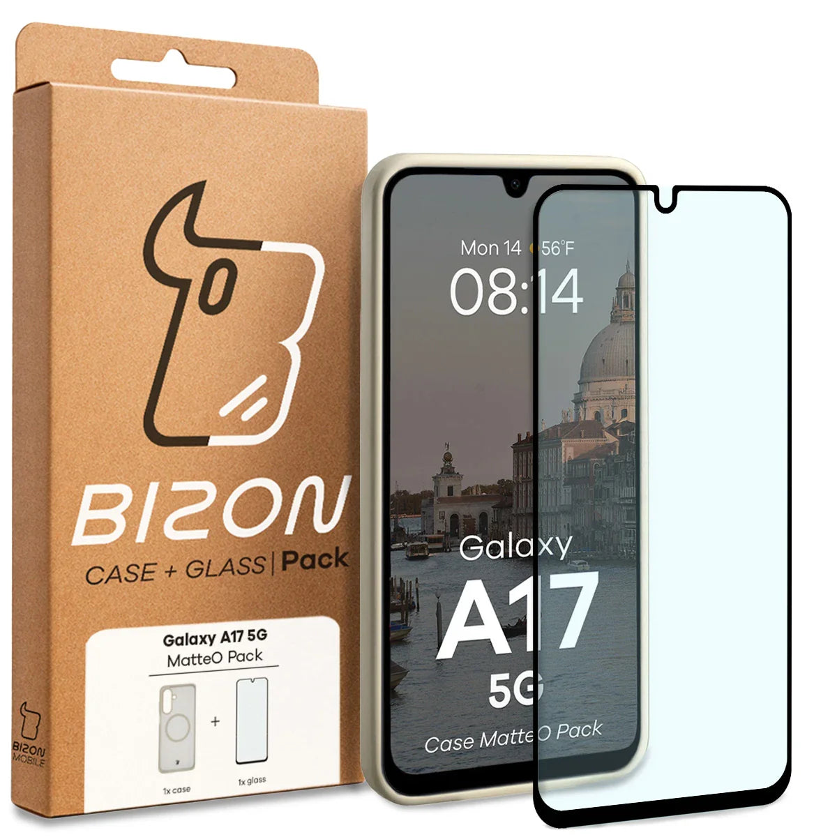 Schutzhülle mit Magnetring + gehärtetem Glas für Galaxy A17 5G, Bizon MatteO Pack, Getönt-Beige