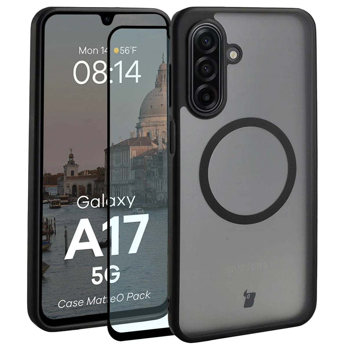 Schutzhülle mit Magnetring + gehärtetem Glas für Galaxy A17 5G, Bizon MatteO Pack, Getönt-Schwarz