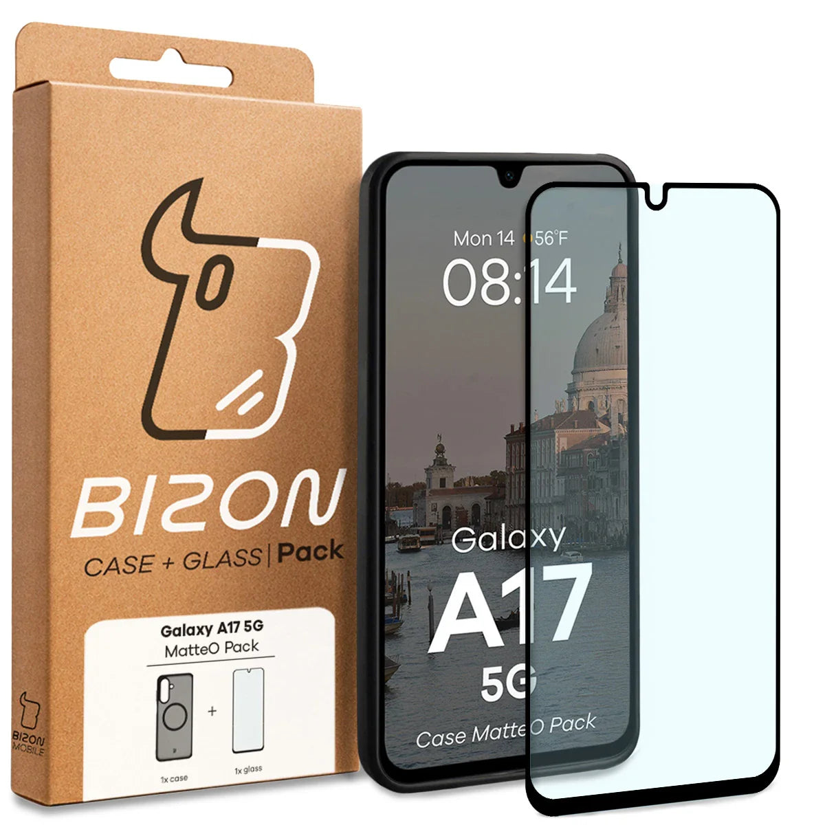 Schutzhülle mit Magnetring + gehärtetem Glas für Galaxy A17 5G, Bizon MatteO Pack, Getönt-Schwarz