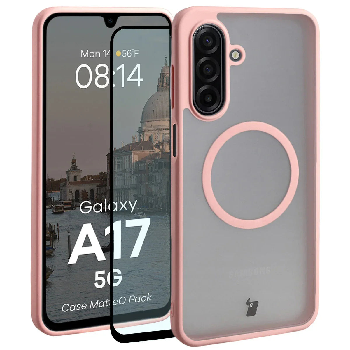 Schutzhülle mit Magnetring + gehärtetem Glas für Galaxy A17 5G, Bizon MatteO Pack, Getönt-Hellrosa
