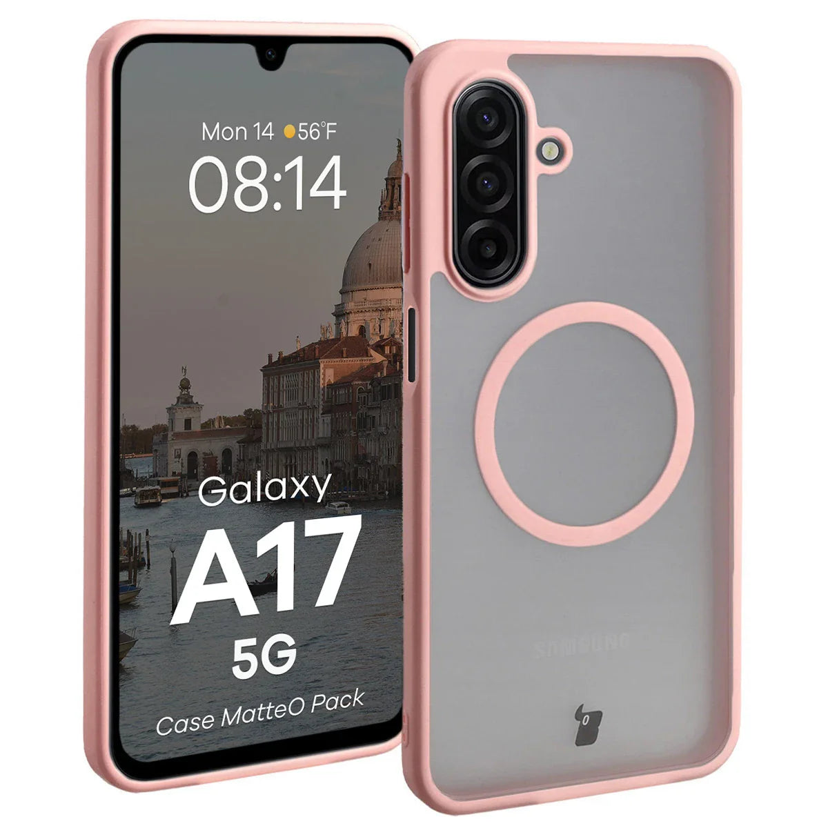 Schutzhülle mit Magnetring + gehärtetem Glas für Galaxy A17 5G, Bizon MatteO Pack, Getönt-Hellrosa