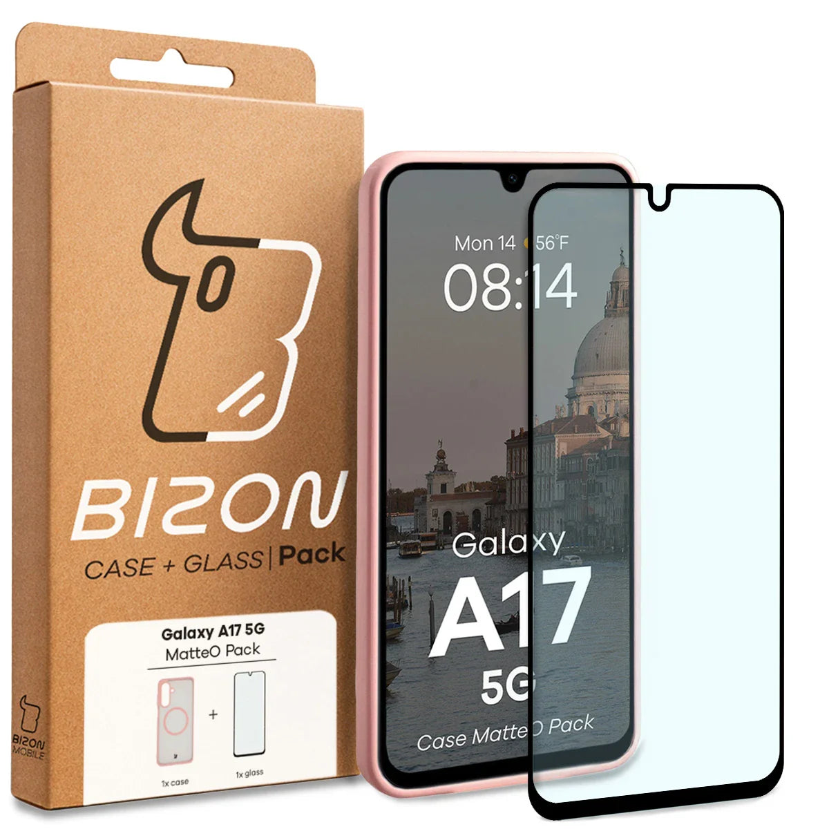 Schutzhülle mit Magnetring + gehärtetem Glas für Galaxy A17 5G, Bizon MatteO Pack, Getönt-Hellrosa