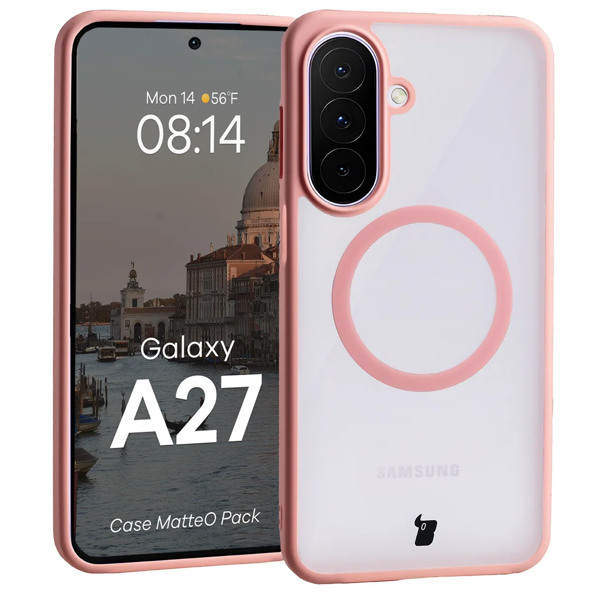 Schutzhülle mit Magnetring + gehärtetem Glas für Galaxy A27 5G, Bizon MatteO Pack, Getönt-Hellrosa