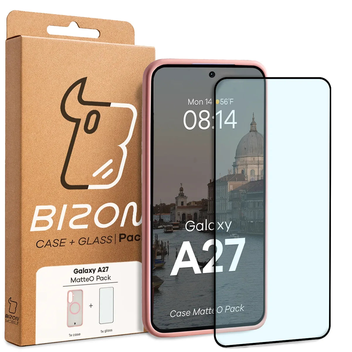 Schutzhülle mit Magnetring + gehärtetem Glas für Galaxy A27 5G, Bizon MatteO Pack, Getönt-Hellrosa