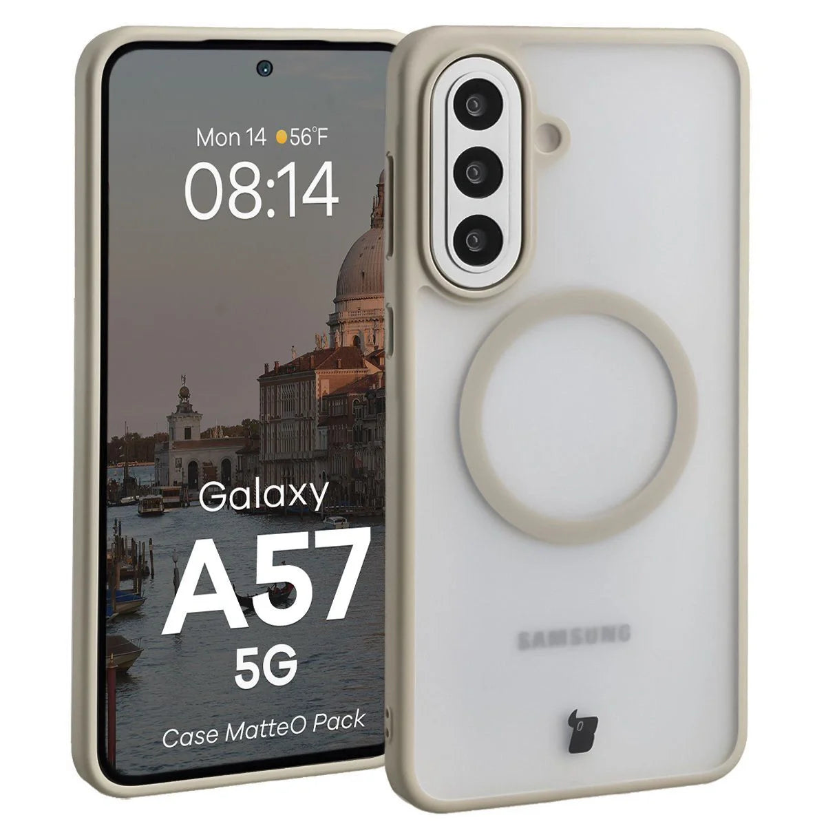 Schutzhülle mit Magnetring + gehärtetem Glas für Galaxy A57 5G, Bizon MatteO Pack, Getönt-Beige