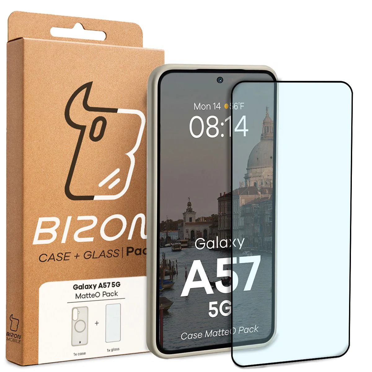 Schutzhülle mit Magnetring + gehärtetem Glas für Galaxy A57 5G, Bizon MatteO Pack, Getönt-Beige