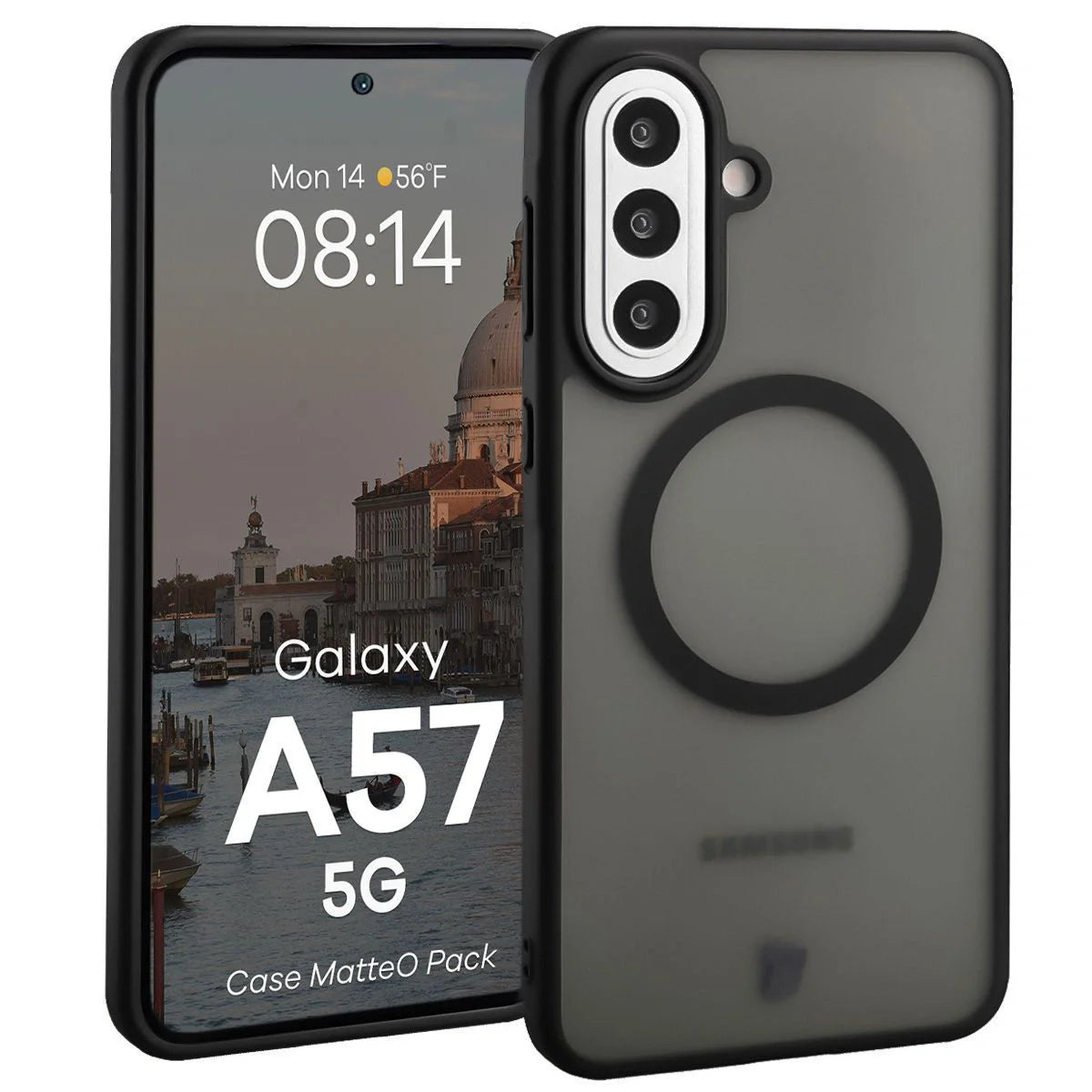 Schutzhülle mit Magnetring + gehärtetem Glas für Galaxy A57 5G, Bizon MatteO Pack, Getönt-Schwarz