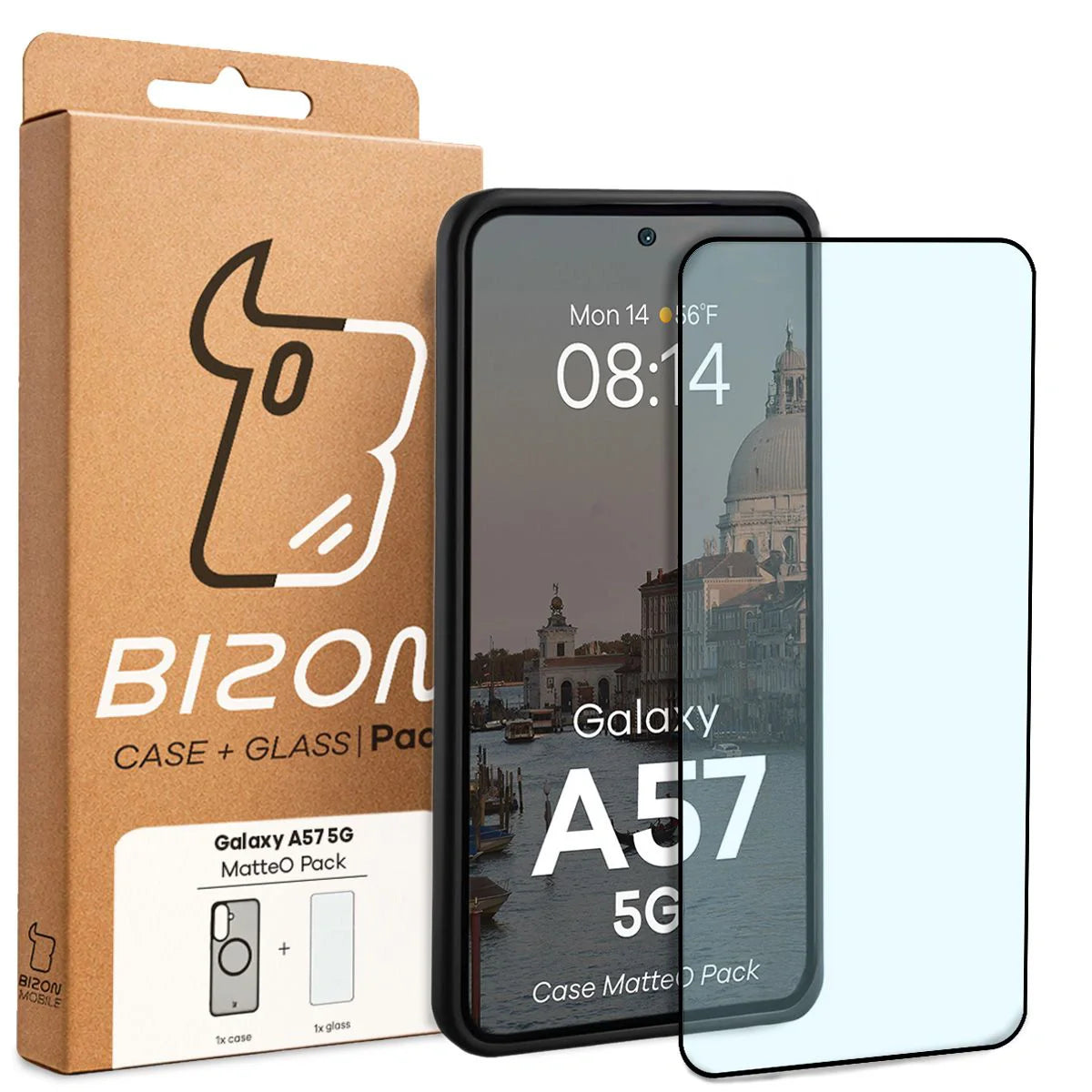 Schutzhülle mit Magnetring + gehärtetem Glas für Galaxy A57 5G, Bizon MatteO Pack, Getönt-Schwarz