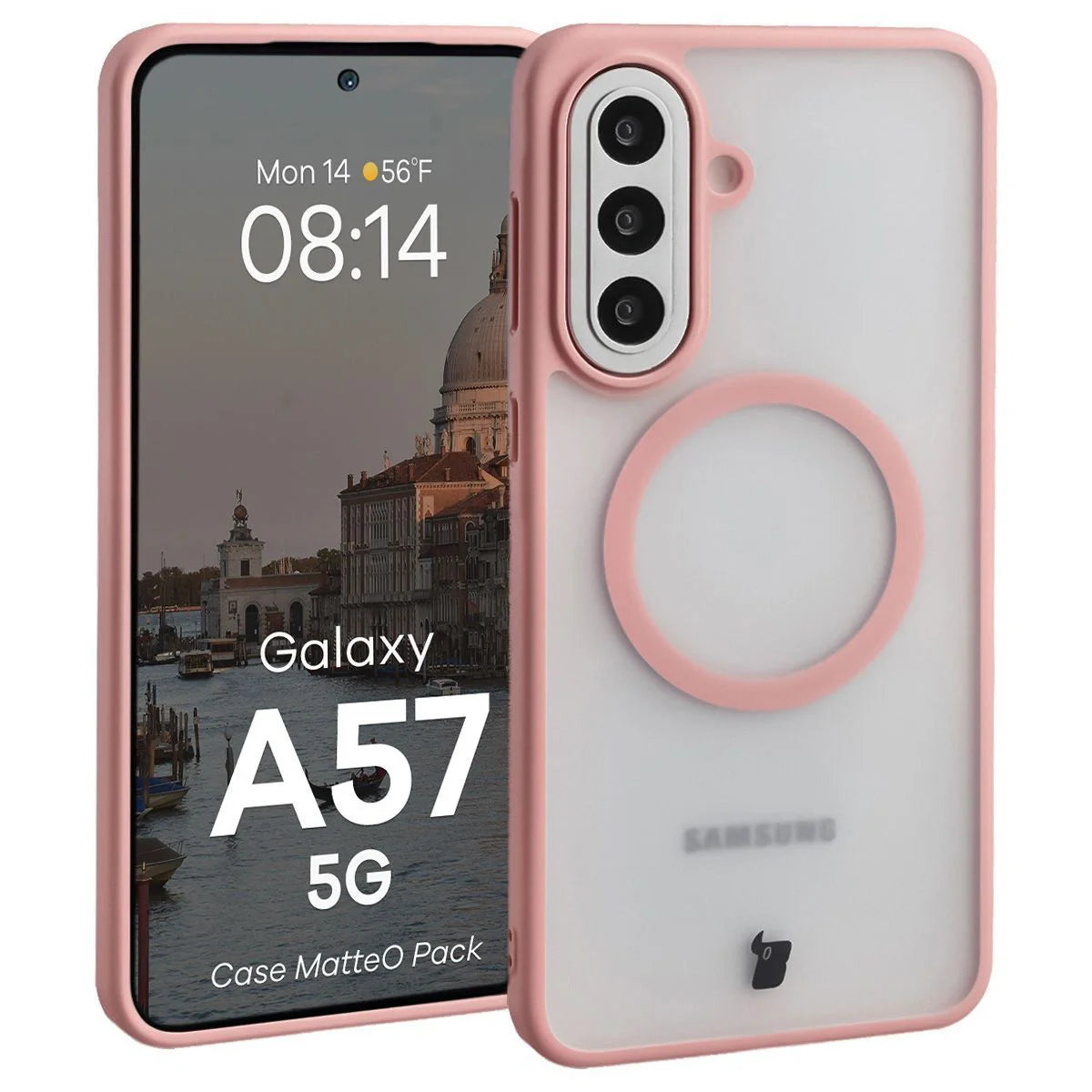 Schutzhülle mit Magnetring + gehärtetem Glas für Galaxy A57 5G, Bizon MatteO Pack, Getönt-Hellrosa