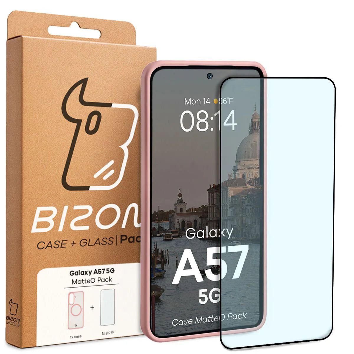 Schutzhülle mit Magnetring + gehärtetem Glas für Galaxy A57 5G, Bizon MatteO Pack, Getönt-Hellrosa