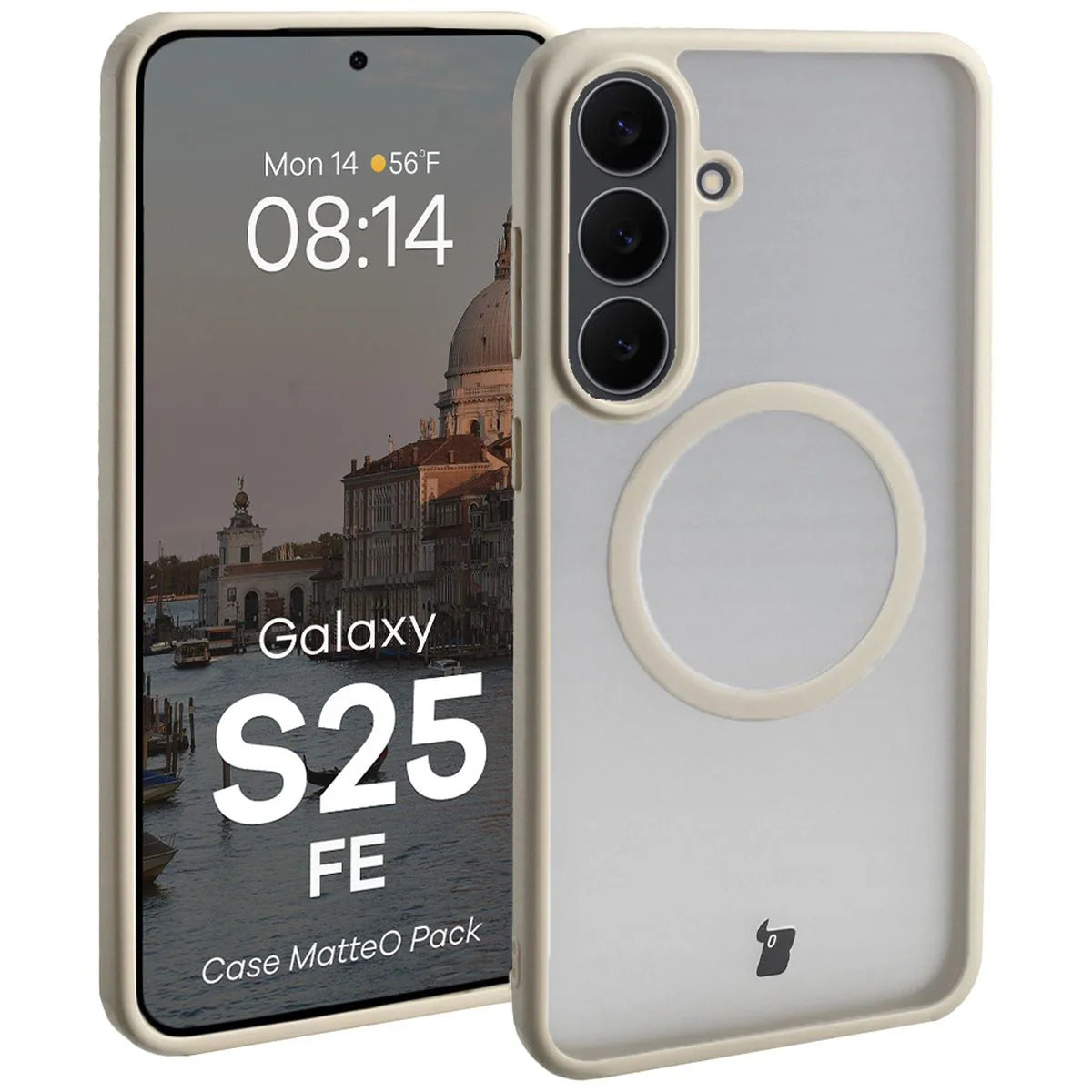 Schutzhülle mit Magnetring + gehärtetem Glas für Galaxy S25 FE, Bizon MatteO Pack, Getönt-Beige