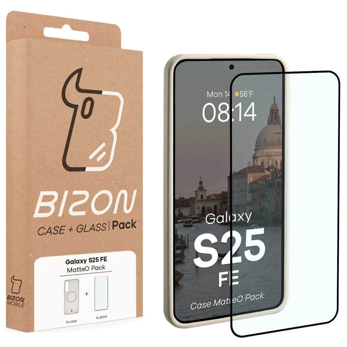 Schutzhülle mit Magnetring + gehärtetem Glas für Galaxy S25 FE, Bizon MatteO Pack, Getönt-Beige