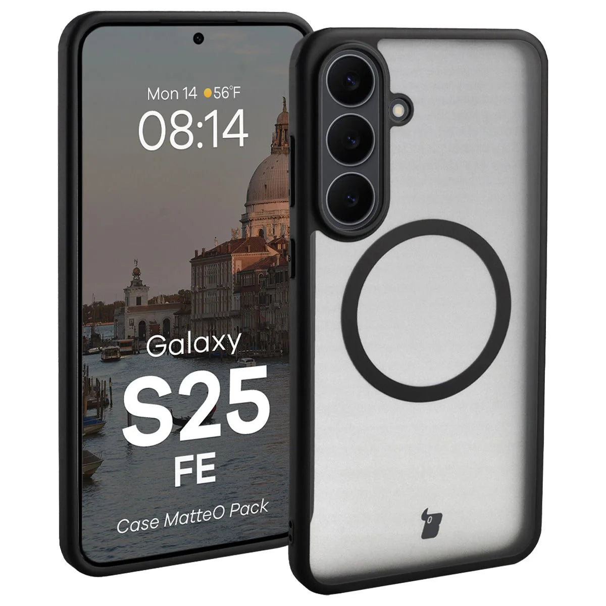 Schutzhülle mit Magnetring + gehärtetem Glas für Galaxy S25 FE, Bizon MatteO Pack, Getönt-Schwarz