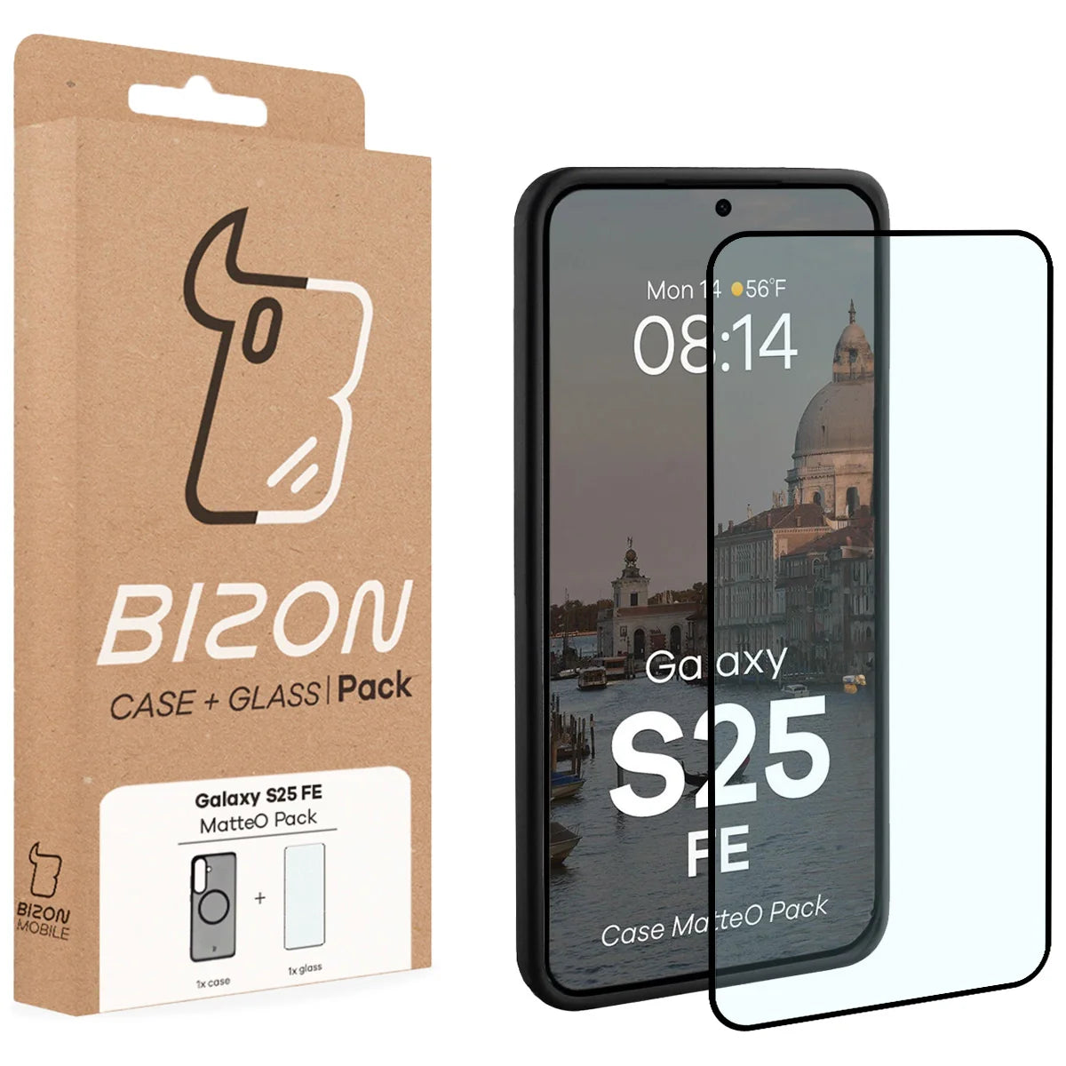 Schutzhülle mit Magnetring + gehärtetem Glas für Galaxy S25 FE, Bizon MatteO Pack, Getönt-Schwarz