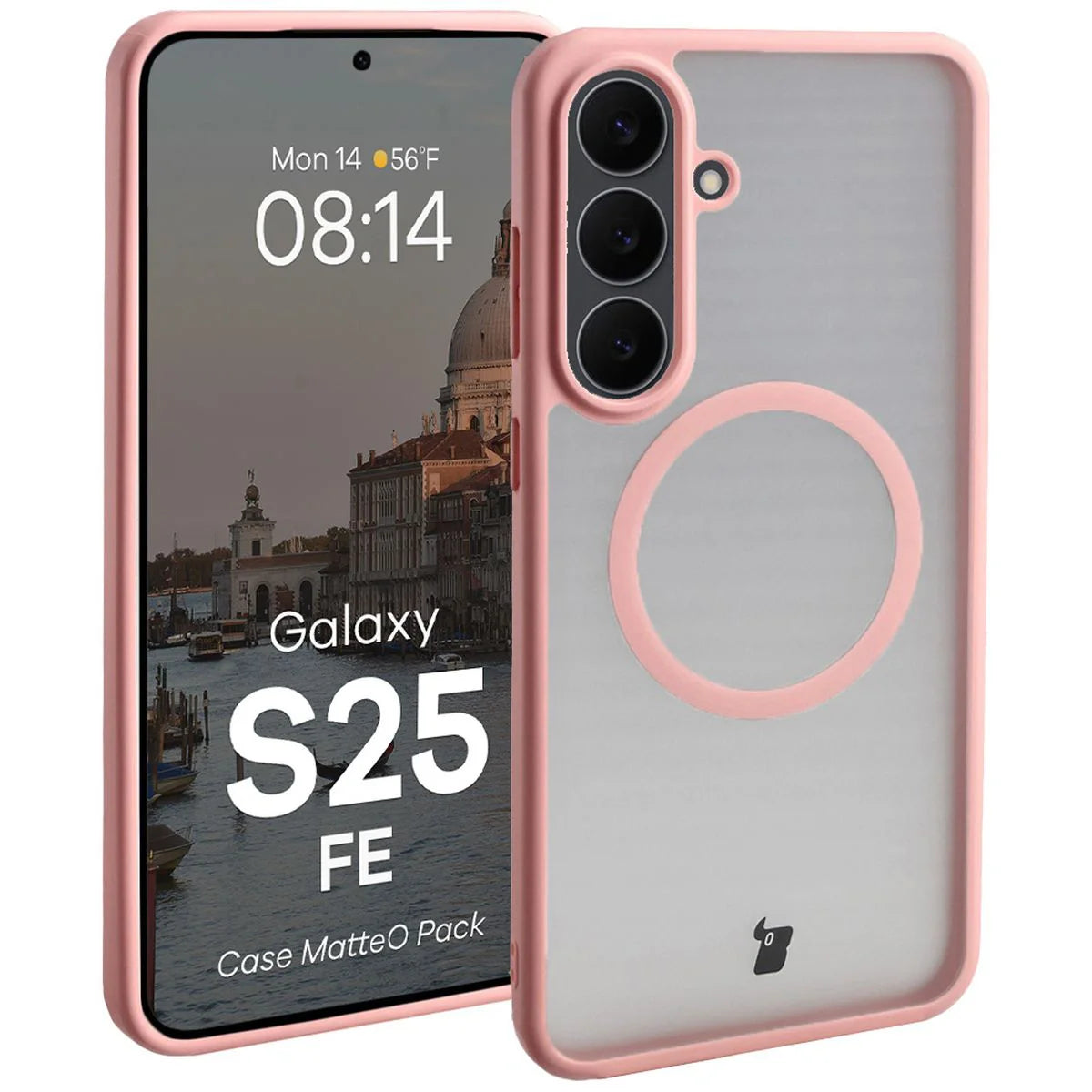 Schutzhülle mit Magnetring + gehärtetem Glas für Galaxy S25 FE, Bizon MatteO Pack, Getönt-Hellrosa