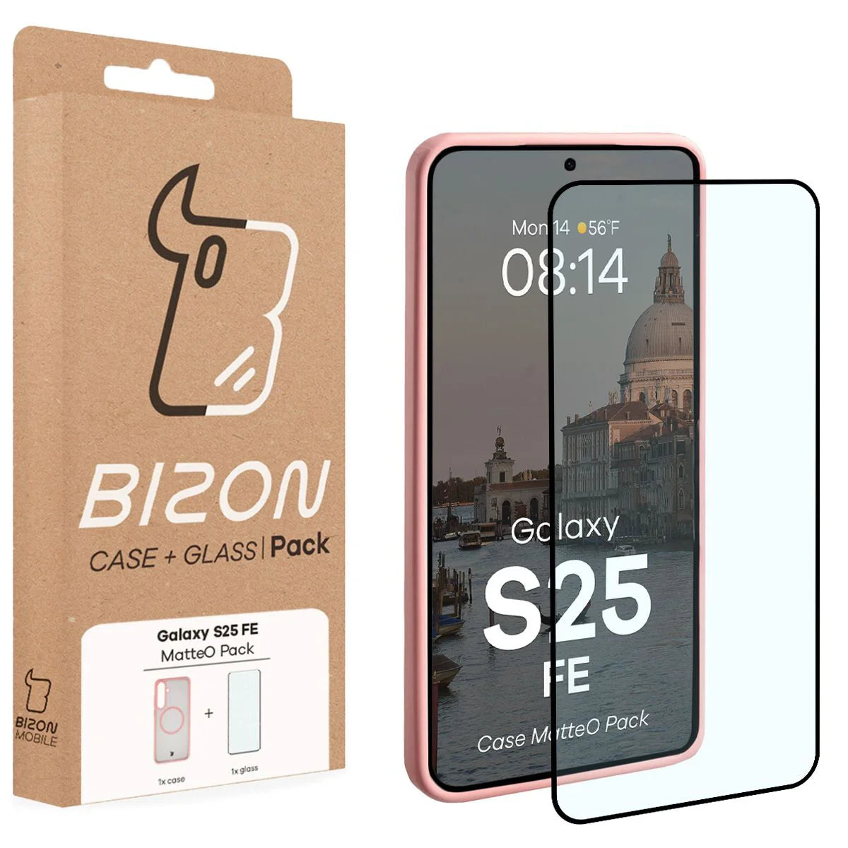 Schutzhülle mit Magnetring + gehärtetem Glas für Galaxy S25 FE, Bizon MatteO Pack, Getönt-Hellrosa