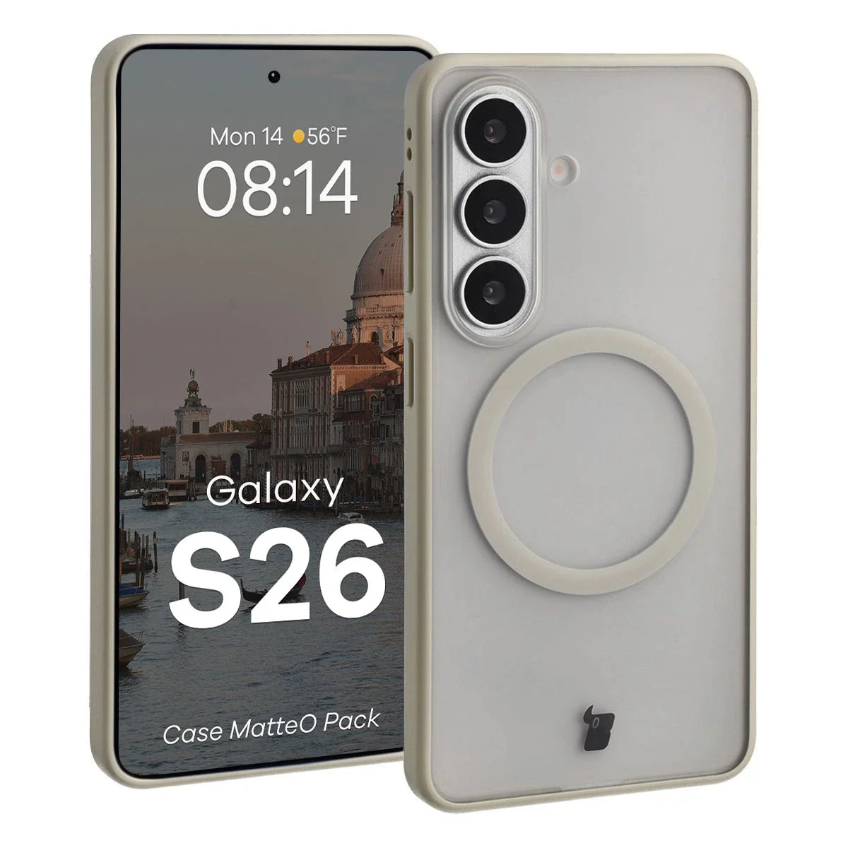 Schutzhülle mit Magnetring + gehärtetem Glas für Galaxy S26, Bizon MatteO Pack, Getönt-Beige