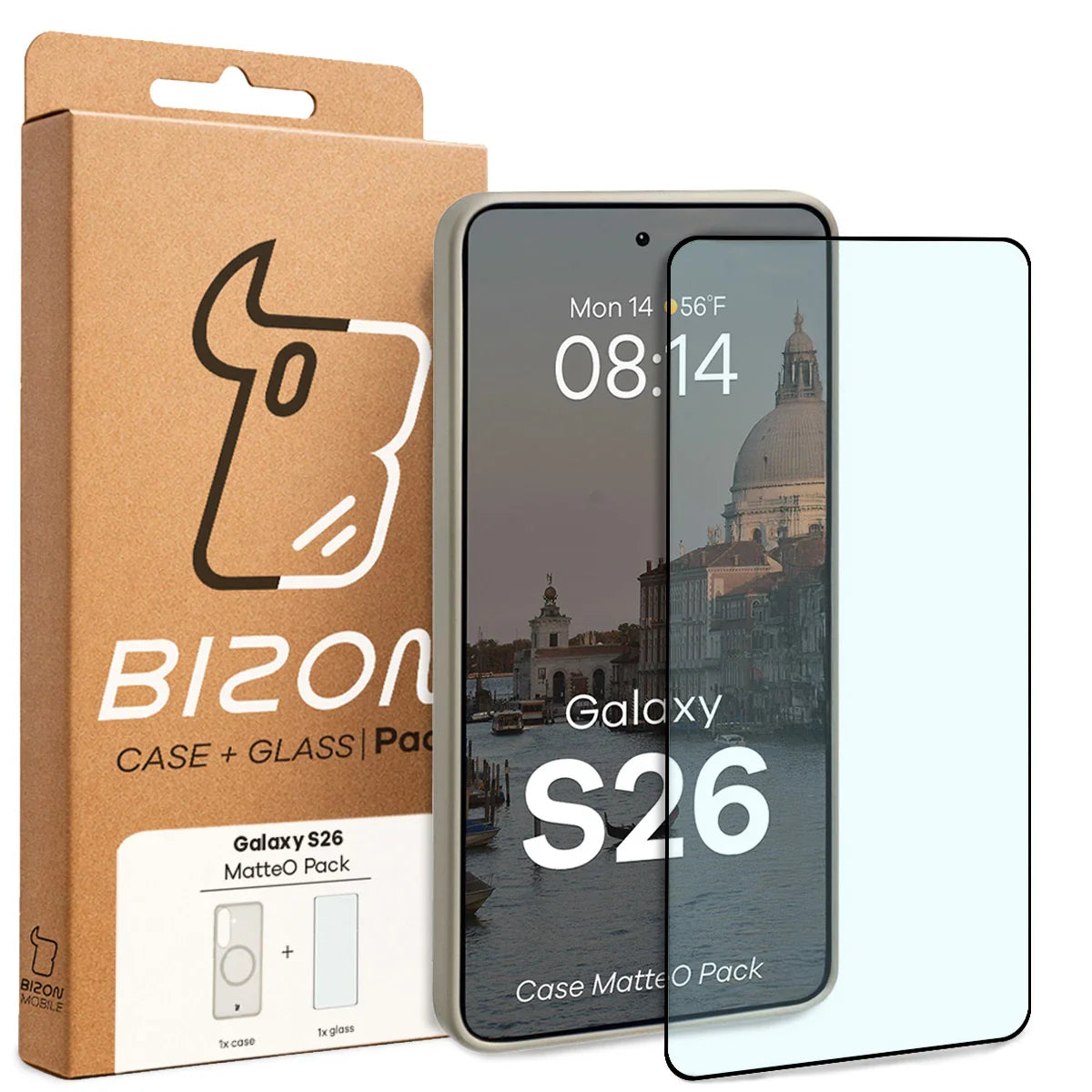 Schutzhülle mit Magnetring + gehärtetem Glas für Galaxy S26, Bizon MatteO Pack, Getönt-Beige