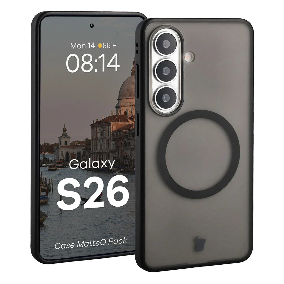 Schutzhülle mit Magnetring + gehärtetem Glas für Galaxy S26, Bizon MatteO Pack, Getönt-Schwarz
