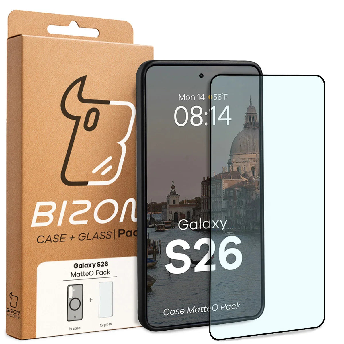 Schutzhülle mit Magnetring + gehärtetem Glas für Galaxy S26, Bizon MatteO Pack, Getönt-Schwarz