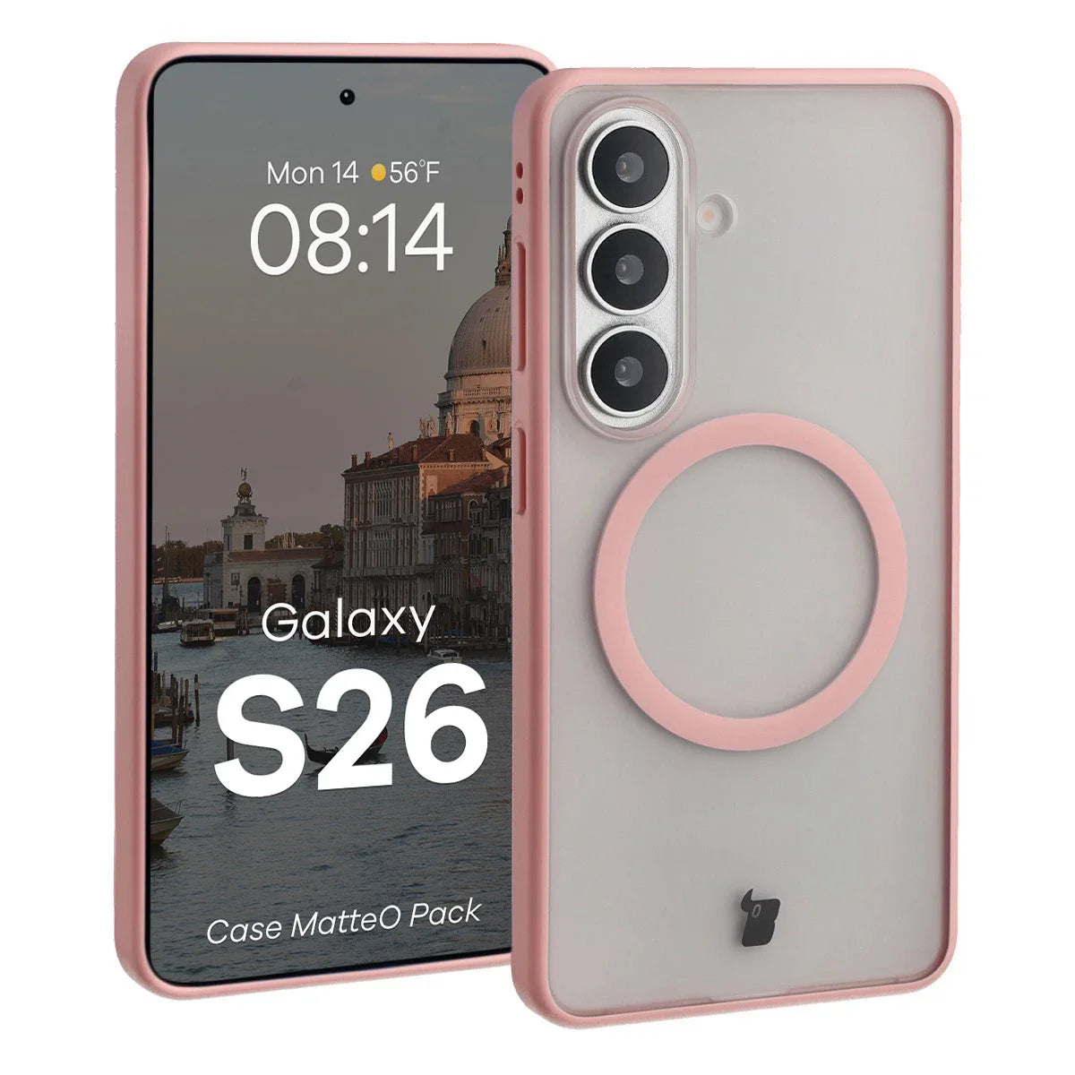 Schutzhülle mit Magnetring + gehärtetem Glas für Galaxy S26, Bizon MatteO Pack, Getönt-Hellrosa