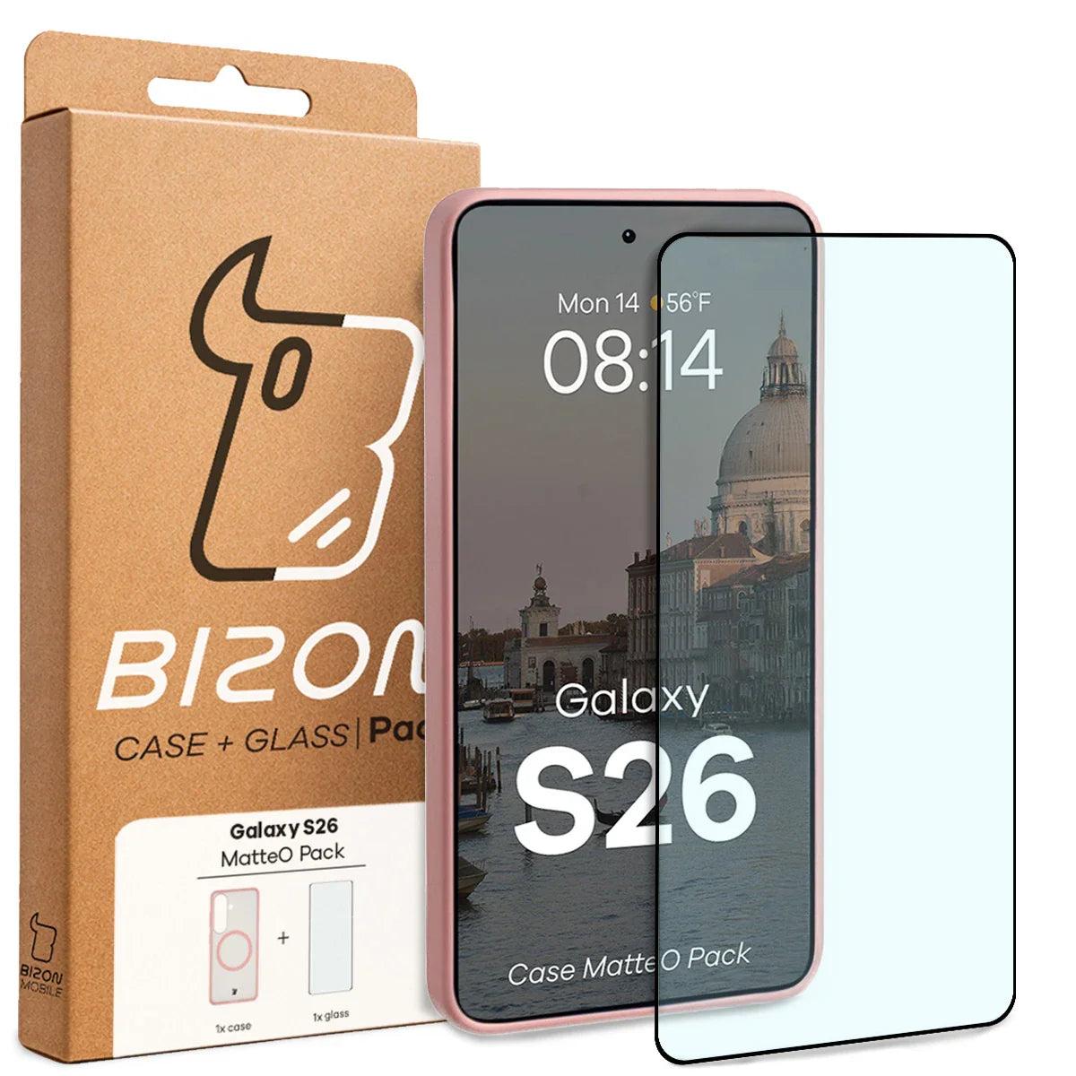 Schutzhülle mit Magnetring + gehärtetem Glas für Galaxy S26, Bizon MatteO Pack, Getönt-Hellrosa