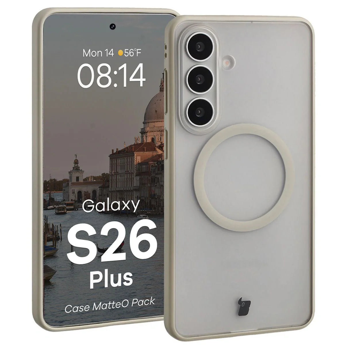 Schutzhülle mit Magnetring + gehärtetem Glas für Galaxy S26 Plus, Bizon MatteO Pack, Getönt-Beige