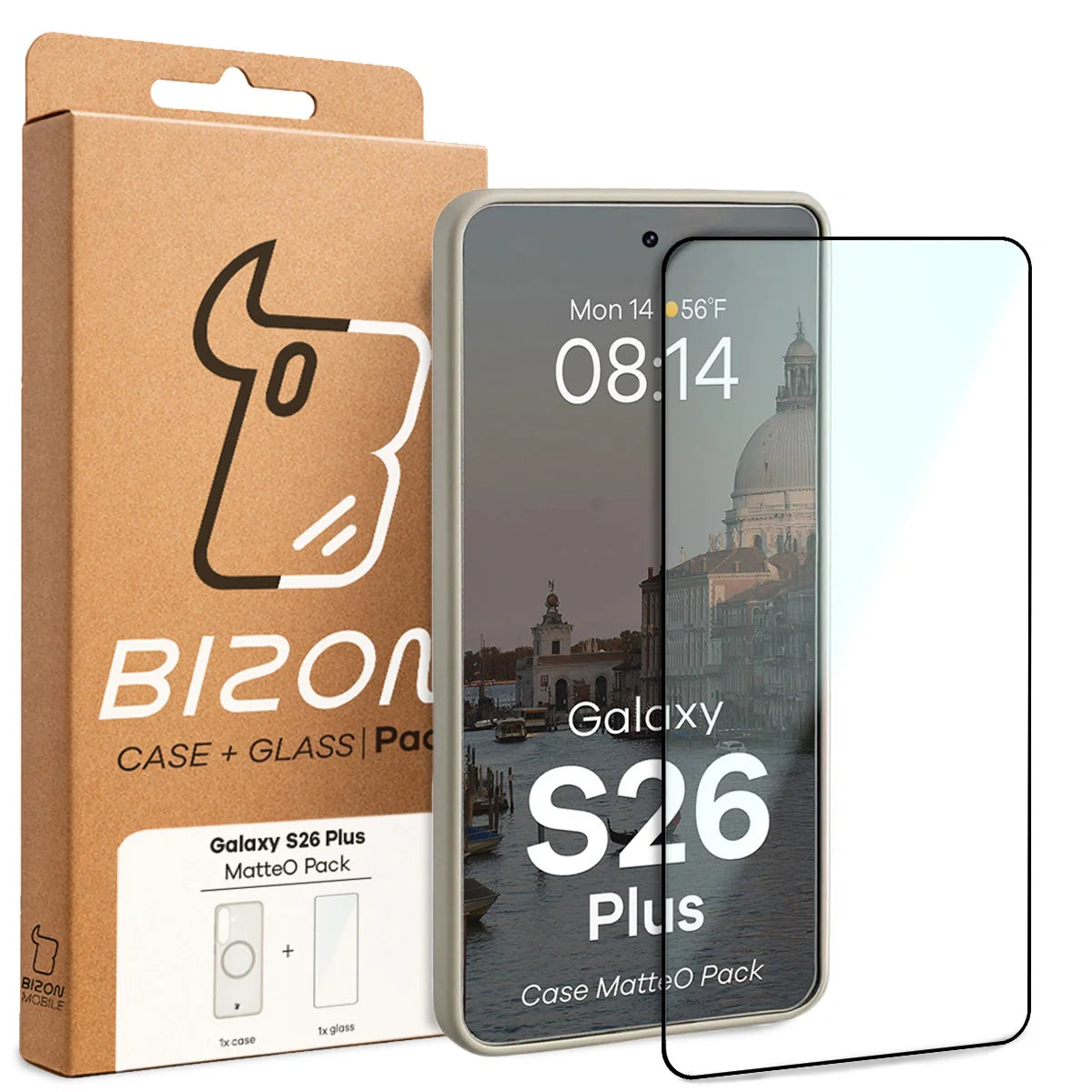 Schutzhülle mit Magnetring + gehärtetem Glas für Galaxy S26 Plus, Bizon MatteO Pack, Getönt-Beige