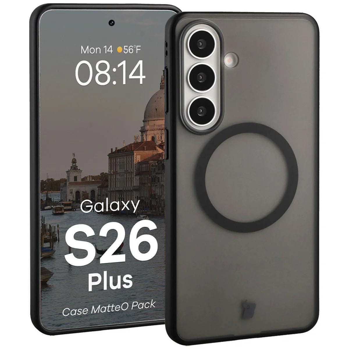 Schutzhülle mit Magnetring + gehärtetem Glas für Galaxy S26 Plus, Bizon MatteO Pack, Getönt-Schwarz